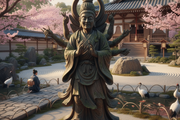 A stunning, detailed image of a traditional Japanese Zen garden. In the foreground, a large, weathered bronze statue of a serene, multi-armed Buddhist deity (Hitaar) stands amidst green moss. Cherry blossom (Sakura) trees in full pink bloom frame a classical wooden temple building in the background. The garden features raked white sand, large rocks, a stone path, and two Japanese cranes standing by a small pond. A figure in traditional robes kneels in contemplation on the path, symbolizing deep tradition and spiritual legacy.