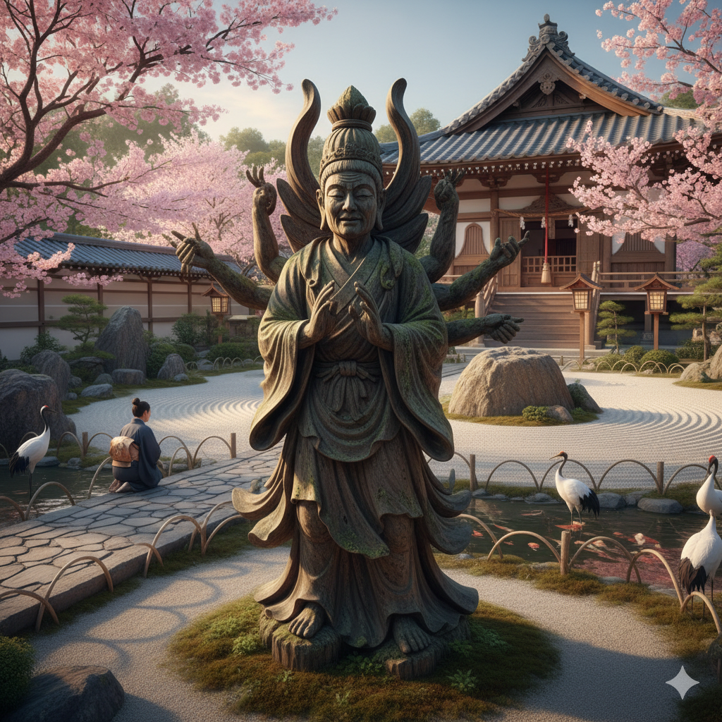 A stunning, detailed image of a traditional Japanese Zen garden. In the foreground, a large, weathered bronze statue of a serene, multi-armed Buddhist deity (Hitaar) stands amidst green moss. Cherry blossom (Sakura) trees in full pink bloom frame a classical wooden temple building in the background. The garden features raked white sand, large rocks, a stone path, and two Japanese cranes standing by a small pond. A figure in traditional robes kneels in contemplation on the path, symbolizing deep tradition and spiritual legacy.